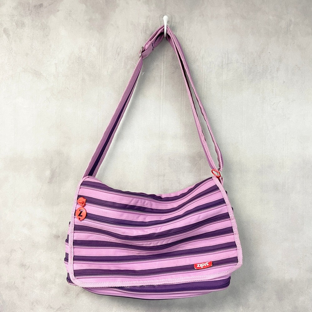 Zipit Crossbody Messenger Bag Purple Pink Striped Zipper Novelty Y2K Kidcore